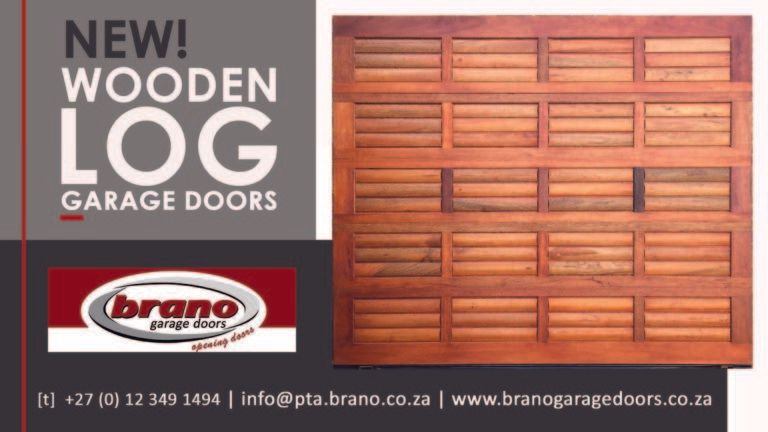 Banner advertisement for Brano's new wooden log garage doors