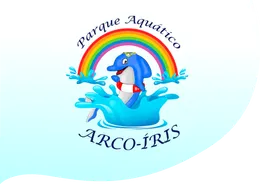 Um logotipo para o parque aquatico arco iris com um golfinho e um arco-íris