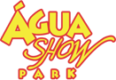 O logotipo do agua show park é amarelo e vermelho.