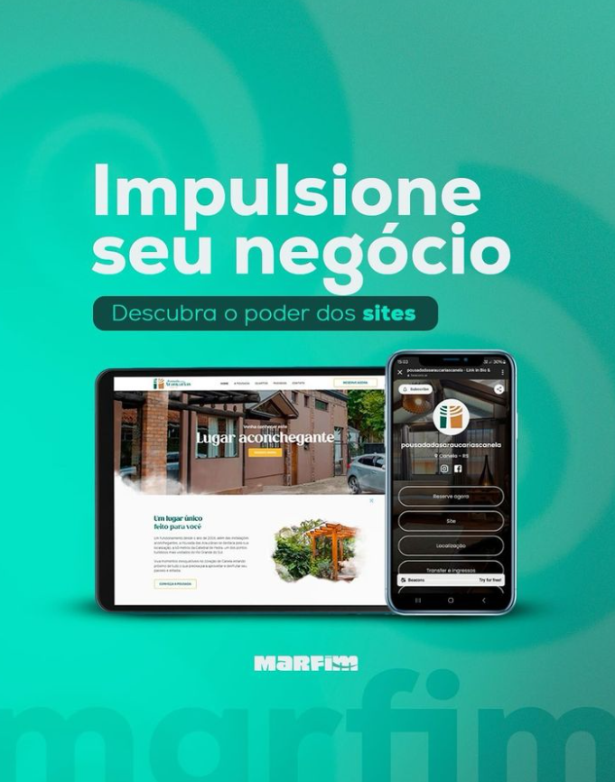 An advertisement for impulsione seu negócio shows a tablet and a cell phone