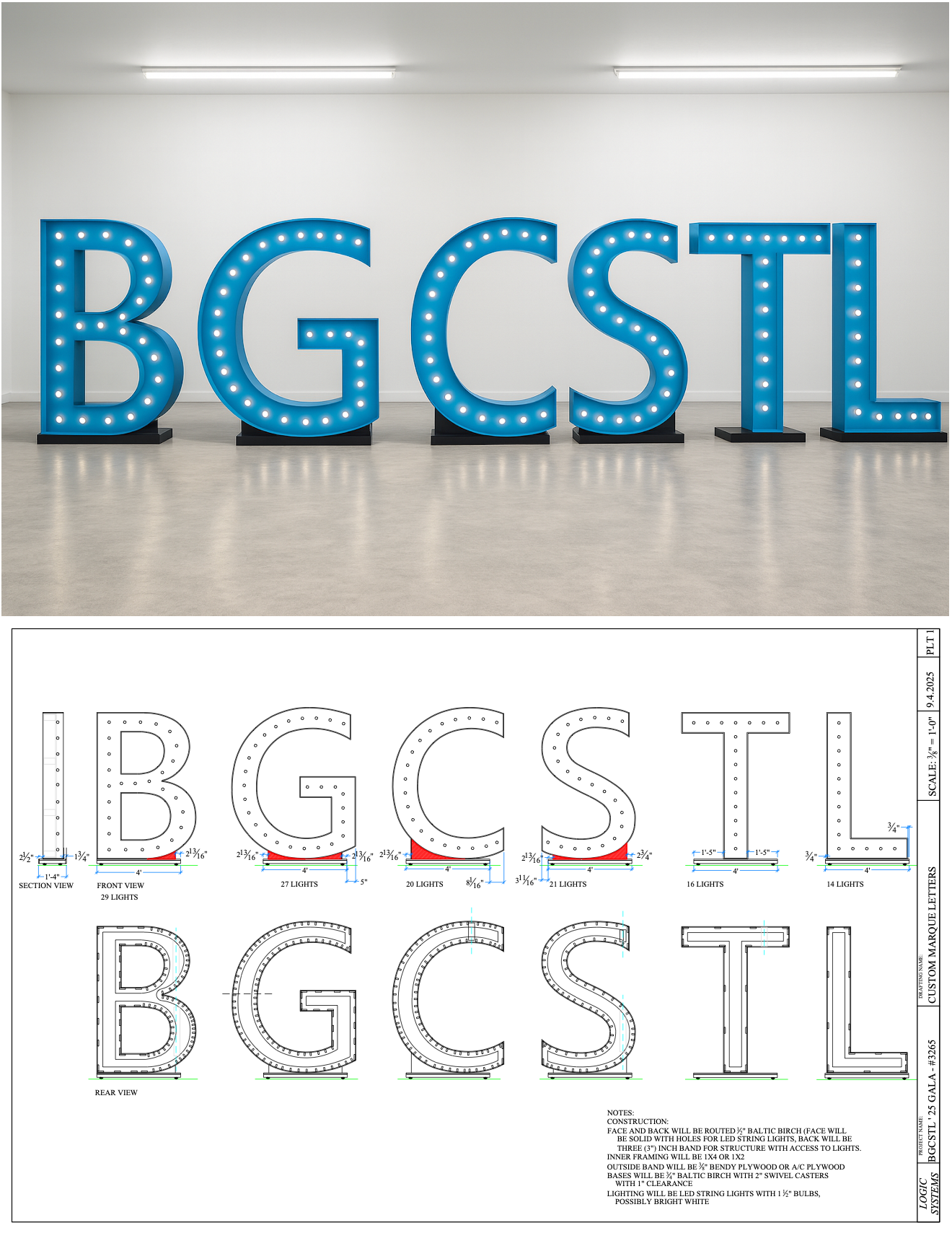 Blue illuminated letters, 