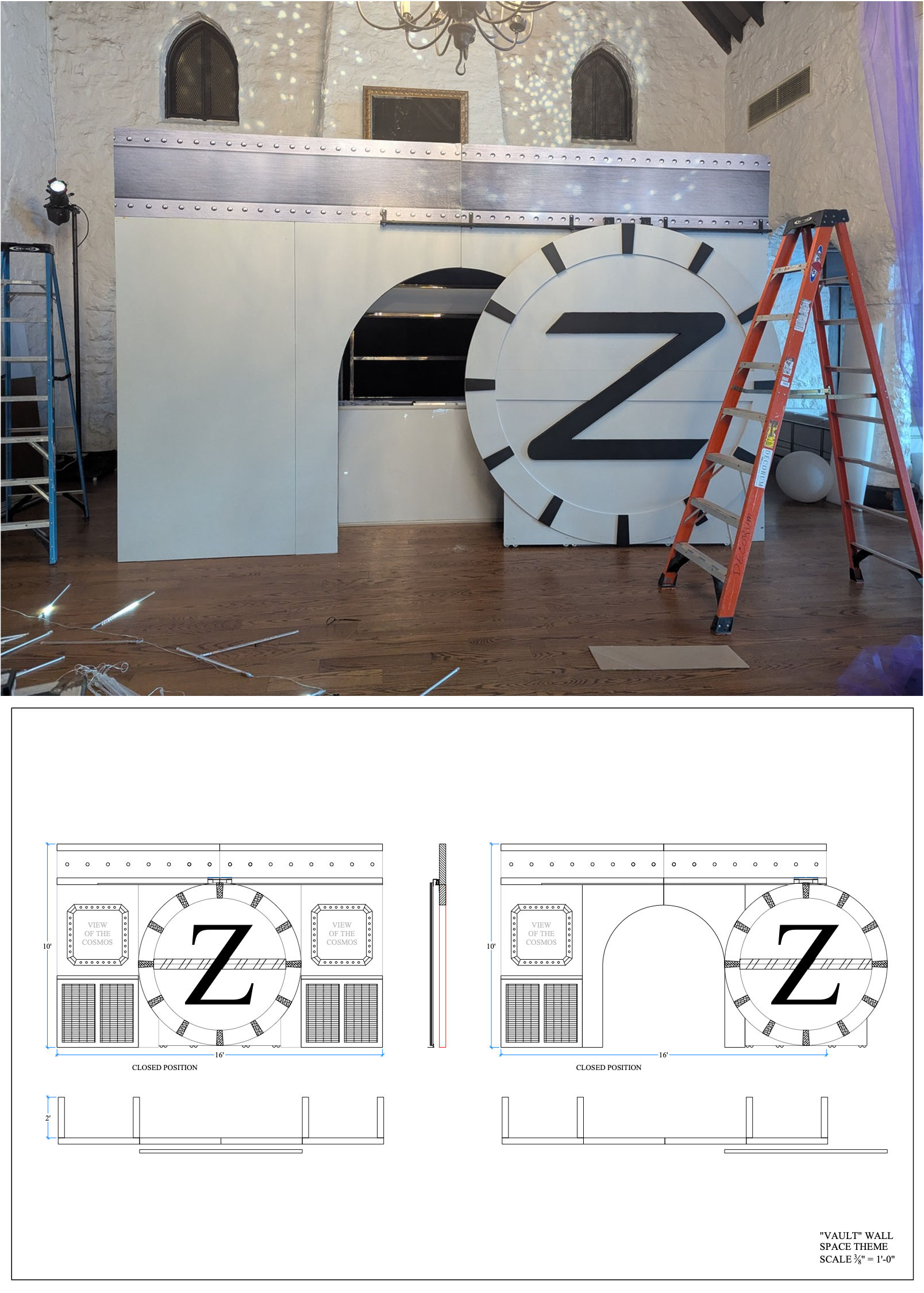 A large stage setup with a clock design, featuring the letter 