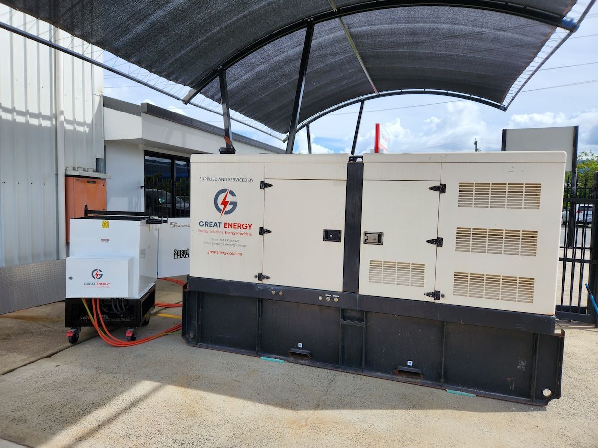 A White Generator Is Parked In A Parking Lot — Great Energy in Innisfail, QLD