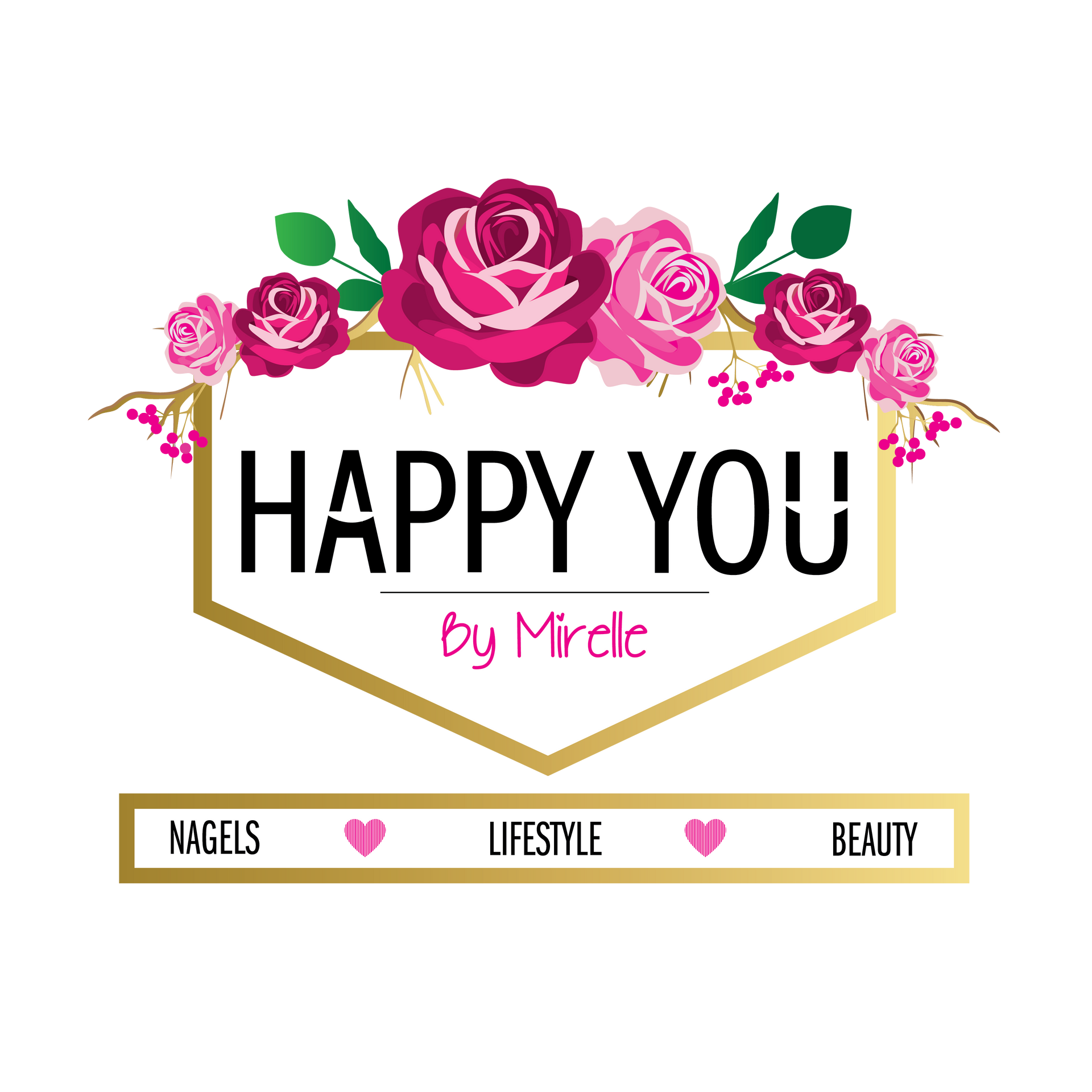 Een logo voor happy you van mirelle met roze rozen op een witte achtergrond.