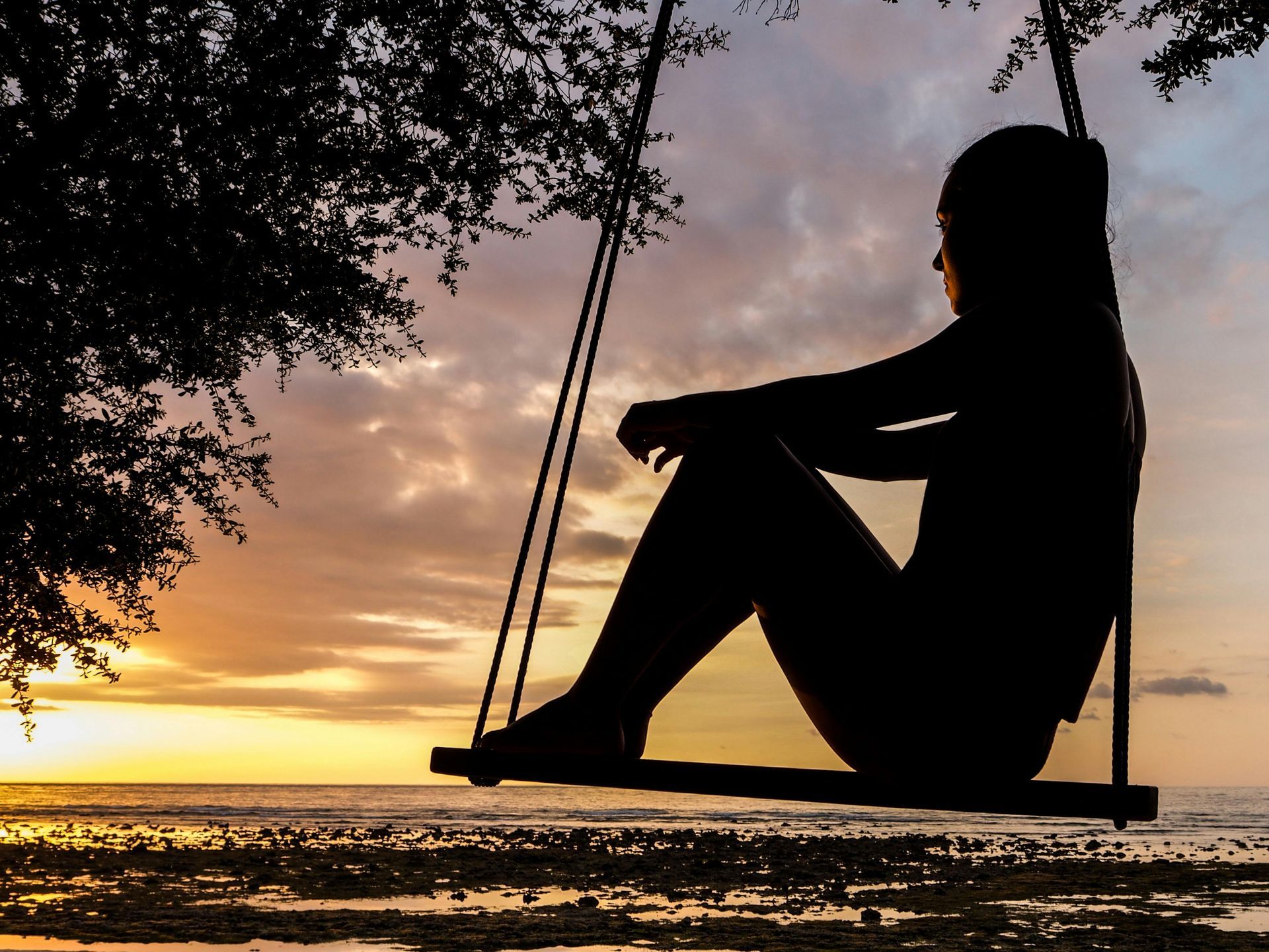 A silhouette of a woman sitting on a swing at sunset