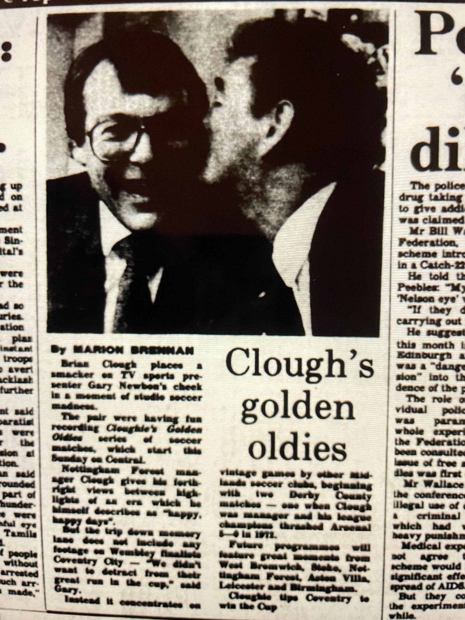 Brian Clough kisses TV presenter Gary Newbon