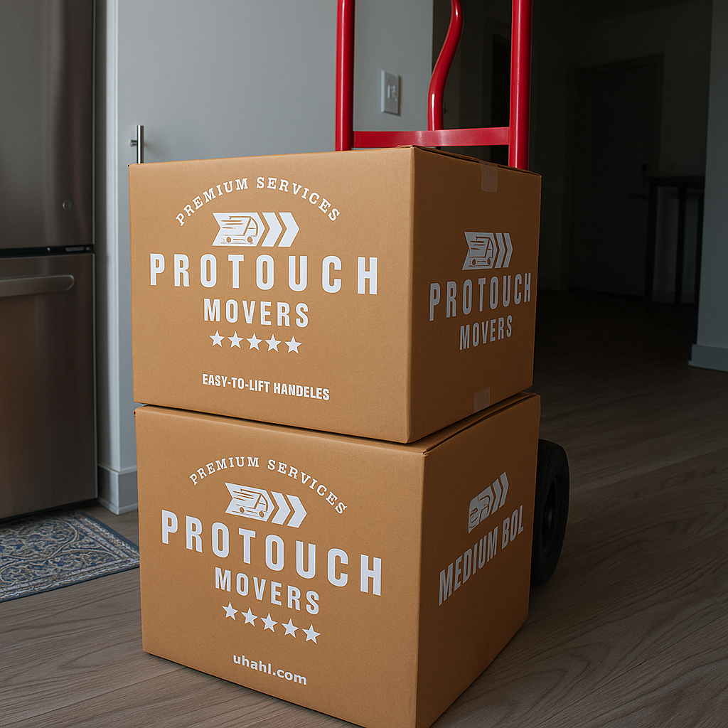 Two Pro Touch Movers carefully lifting a professionally wrapped piece of furniture during a residential move in Florida.