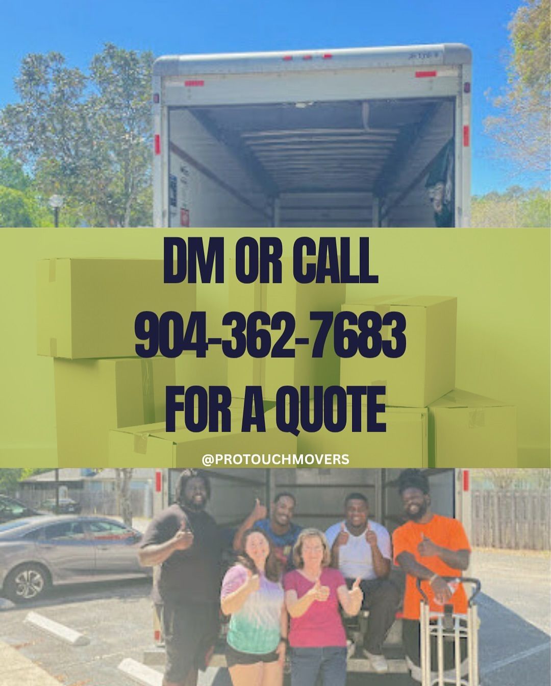 Pro Touch Movers team with satisfied customers in front of moving truck, offering moving quotes in F