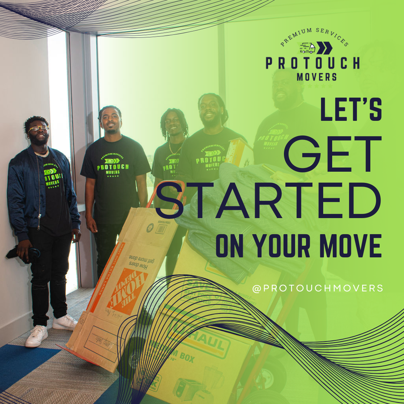 Pro Touch Movers team of professional movers with moving boxes and equipment ready to start a relocation, premium moving services in Florida.