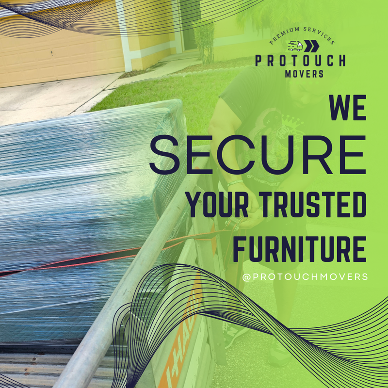 Pro Touch Movers securing wrapped furniture onto a trailer to ensure safe and trusted moving services in Florida.