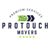 Pro Touch Movers logo featuring a delivery truck icon, bold typography, and five-star branding