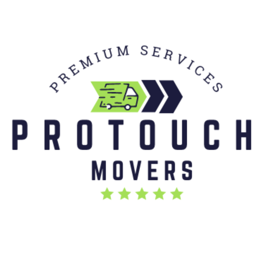 Pro Touch Movers logo featuring a delivery truck icon, bold typography, and five-star branding