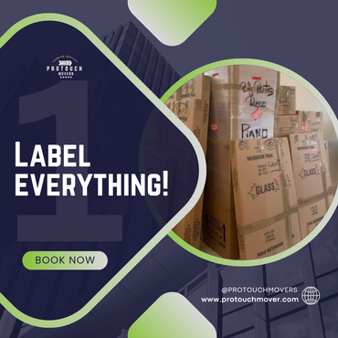 Stacked moving boxes labeled for fragile items and piano during a professional Florida move by Pro Touch Movers with reminder to label everything.