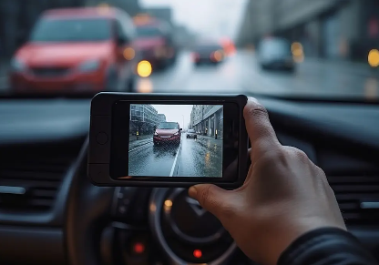 A person is taking a picture of a car with a cell phone.