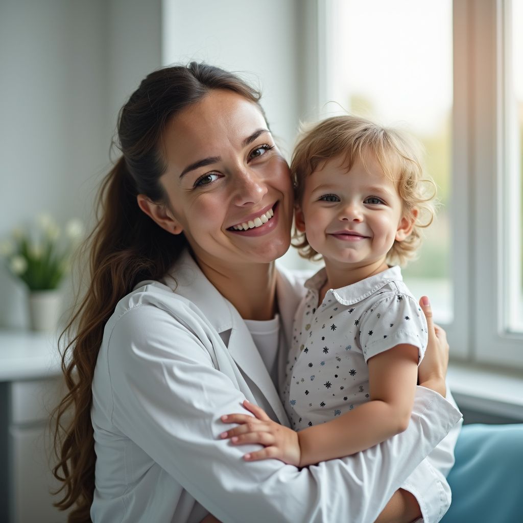 Leende kvinna kramar ett barn. Båda ser glada ut inomhus, nära ett fönster.