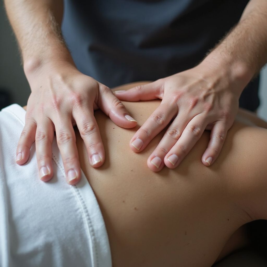 Händer som ger ryggmassage. En person ligger med ansiktet nedåt, draperad i ett vitt lakan.