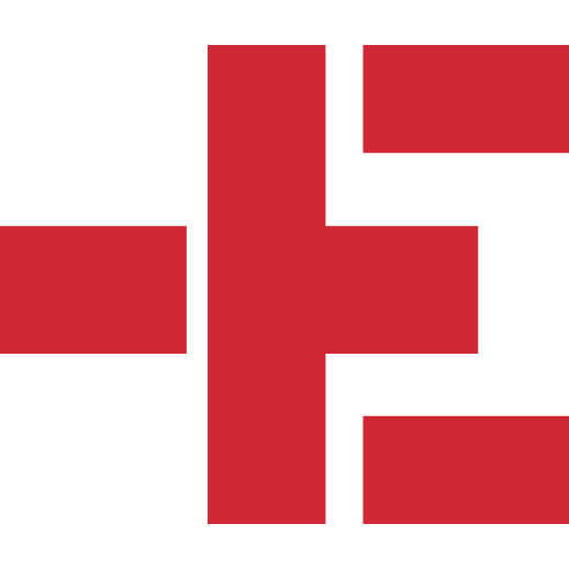 Röd och vit grafik. Röd korsformad design med horisontella och vertikala streck.