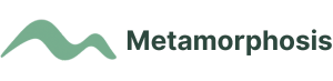 A logo for metamorphosis with a green m on a white background.
