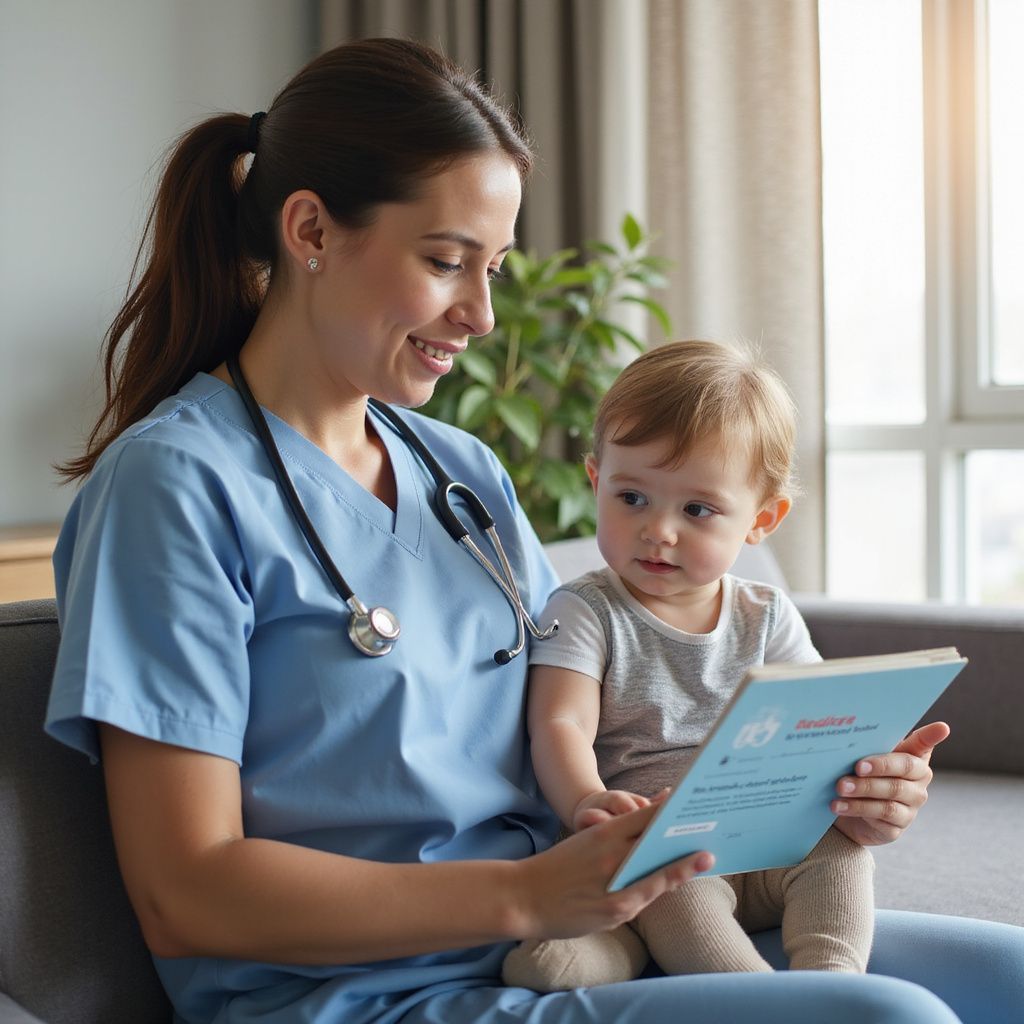 Sjuksköterska i blå scrubs läser en bok med en bebis i en soffa nära ett fönster.