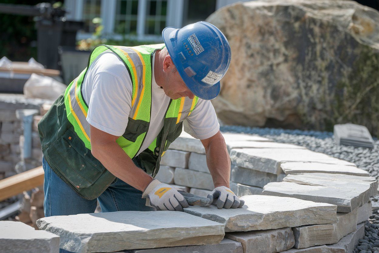 A skilled construction worker carefully placing bricks in a masonry wall using a trowel.