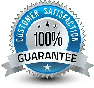 A blue and silver customer satisfaction guarantee badge