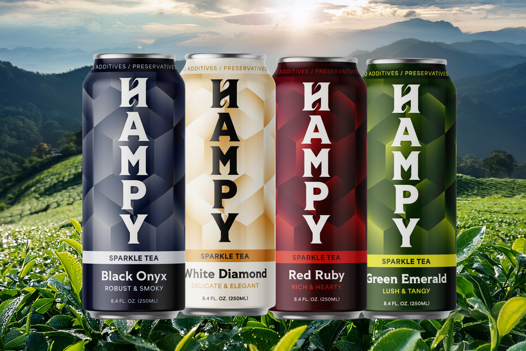 Four cans of HAMPY sparkling tea in front of tea fields and mountains: Black Onyx, White Diamond, Red Ruby, Green Emerald.