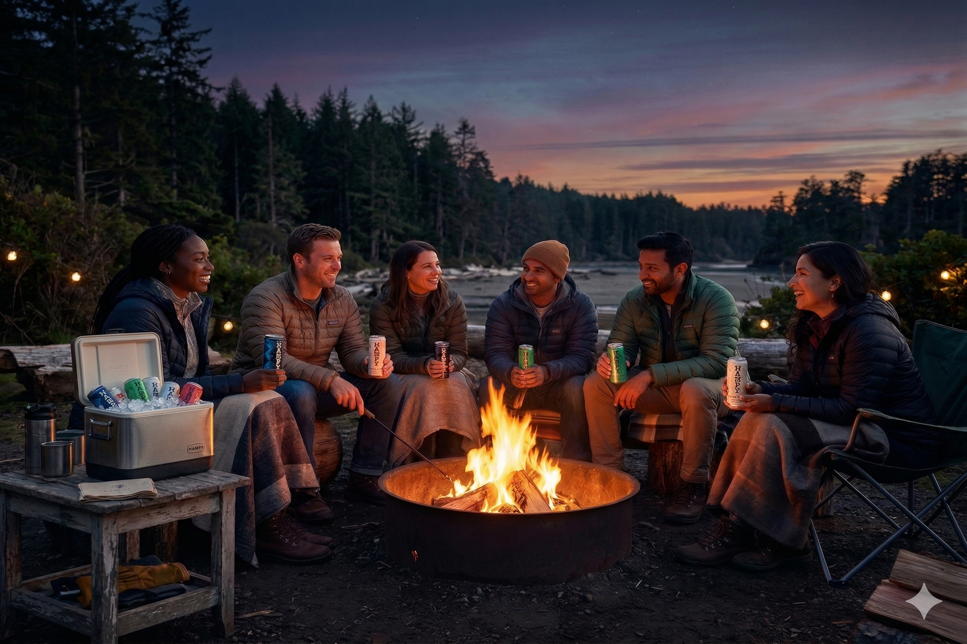 A glass of iced coffee garnished with mint, surrounded by swirling mist on a rustic wooden table against a leafy backdrop.