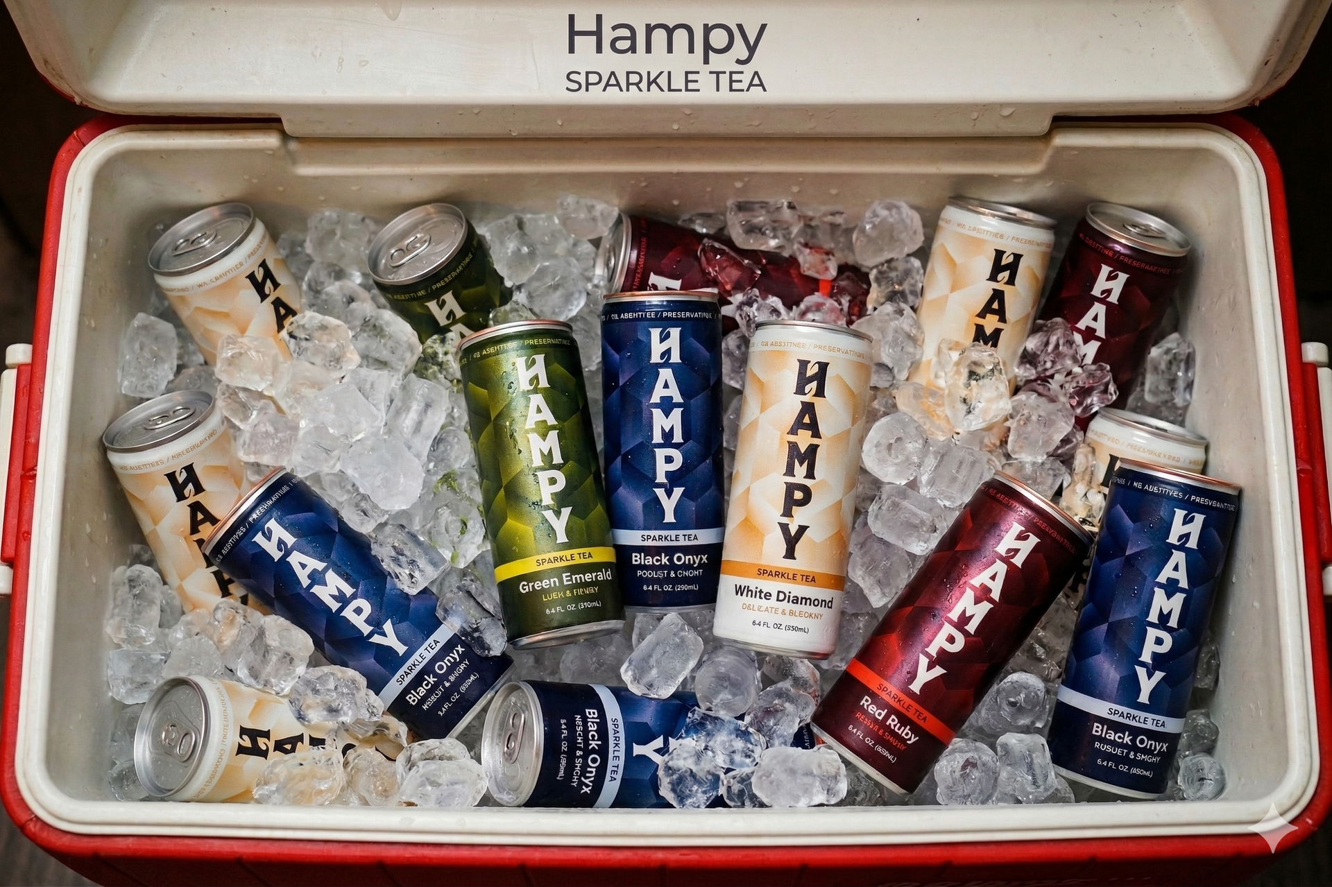 Hands holding four cans of HAMPY drink in red, green, blue, and white against a blue sky with clouds.