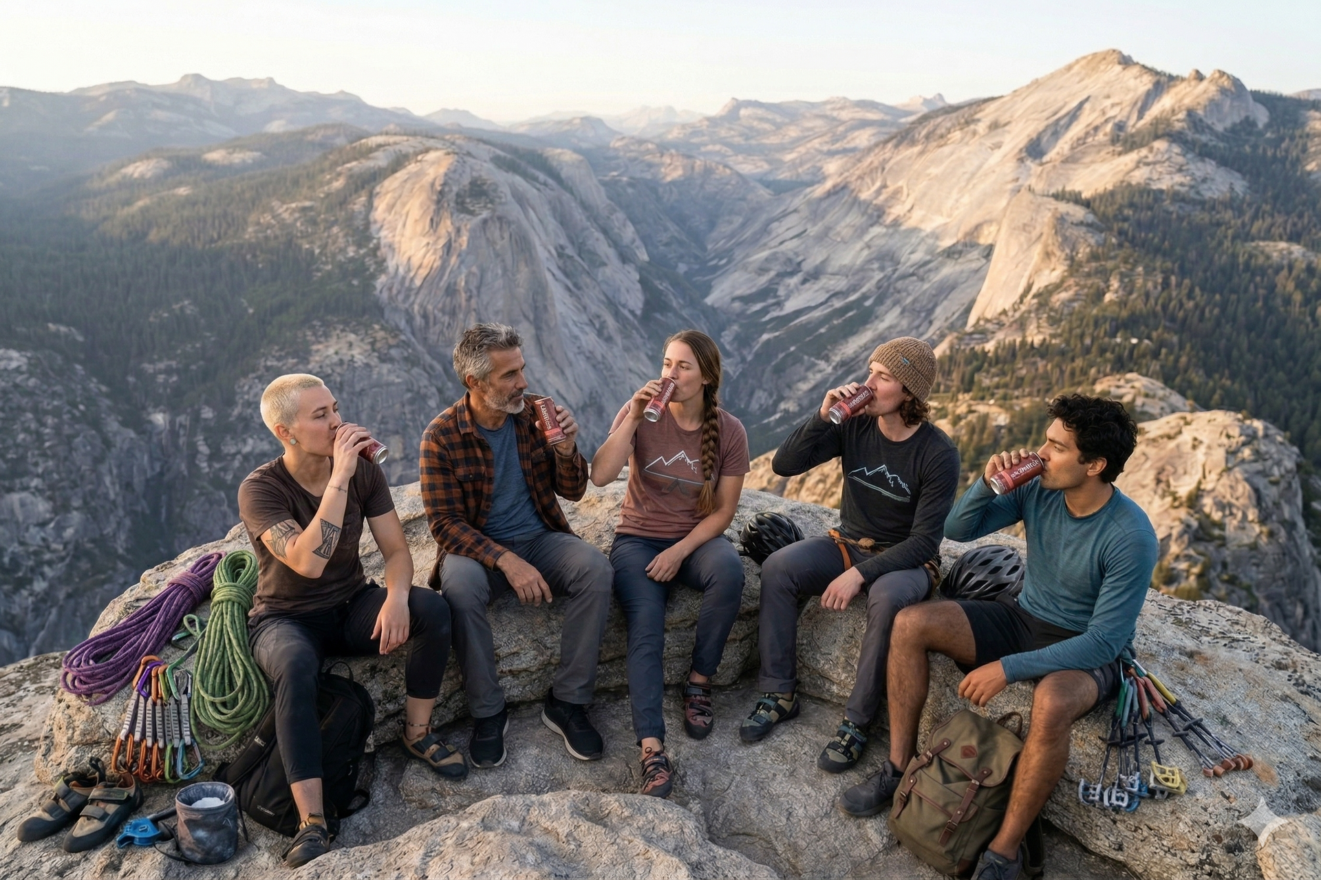 A tall, dark red beverage can with white, stacked Cyrillic lettering and Red Ruby text, set against a blurred kitchen.