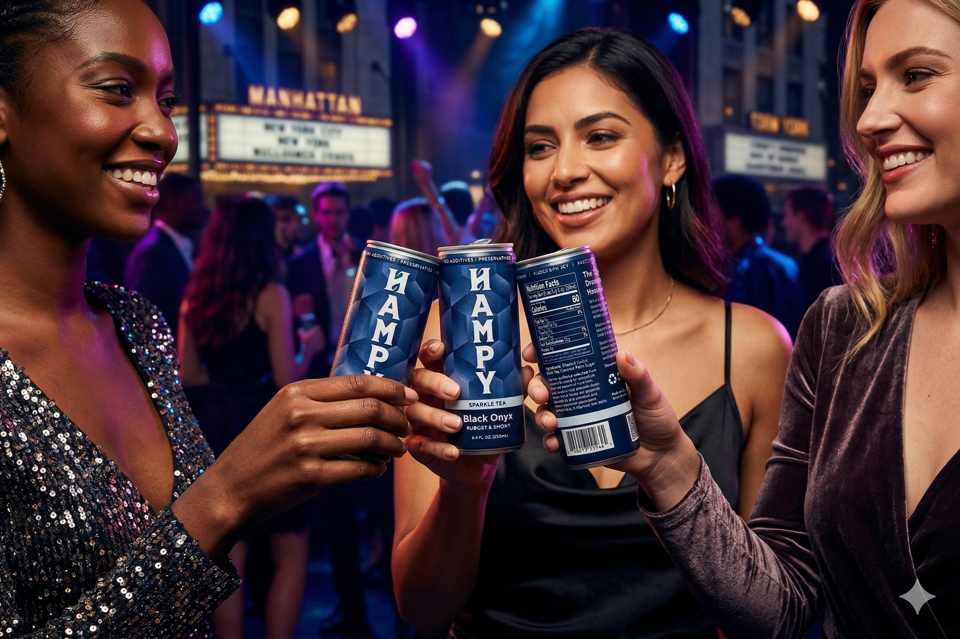 A tall blue can of HAMPY energy drink standing on a wooden table against a blurred indoor background.