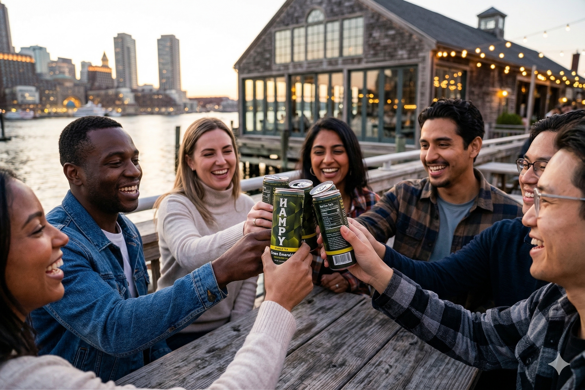 A tall can of Green Emerald sparkling tea with a green geometric pattern, centered on a table in a blurred kitchen.