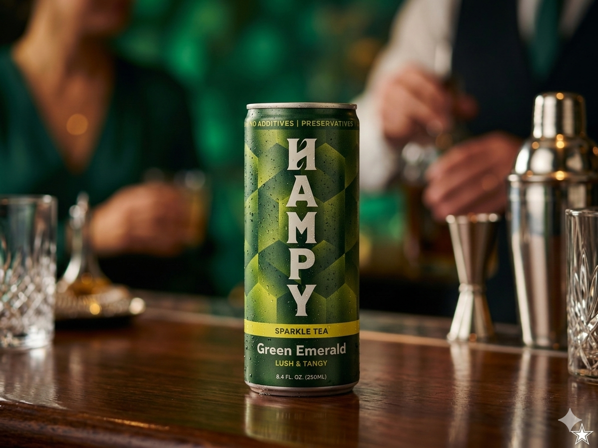 A green can of HAMPY Green Emerald tea stands on a dark surface against a black, shadowed background.