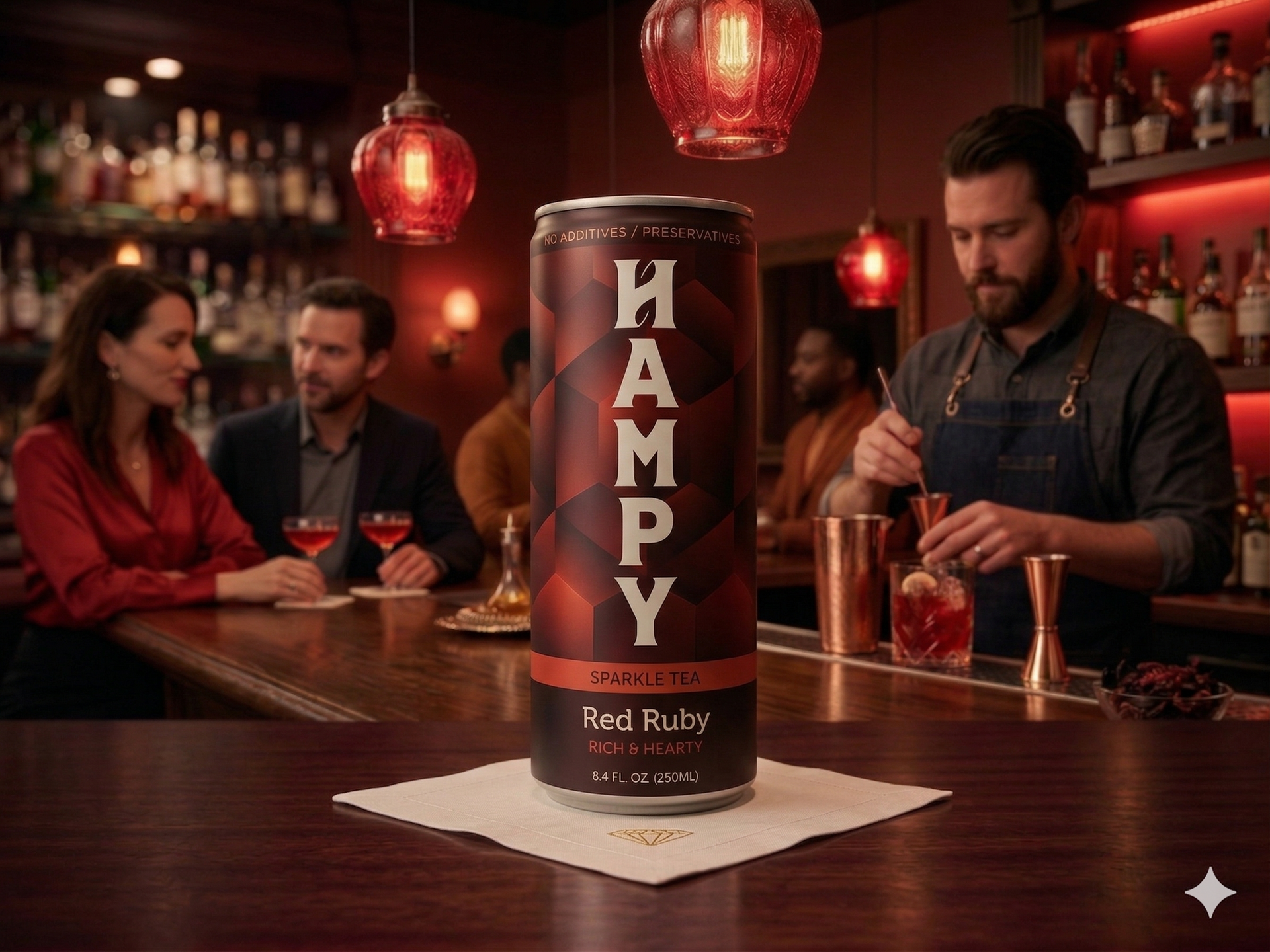 A tall can of HAMPY Red Ruby herbal tea standing on a surface against a dark, moody background with dramatic lighting.