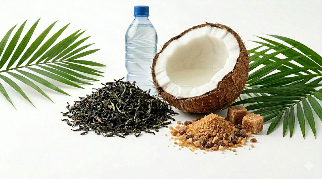Coconuts, coconut sugar in a bowl, palm fronds, and wooden spoon on a green surface.