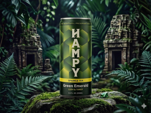 A tall, dark green can labeled HAMPY in white letters, centered against a textured, dark forest-green background.
