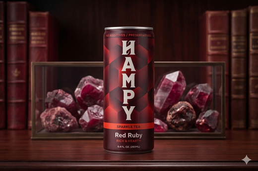 A vertical can labeled HAMPY and Red Label centered against a bright red, crumpled paper texture background.