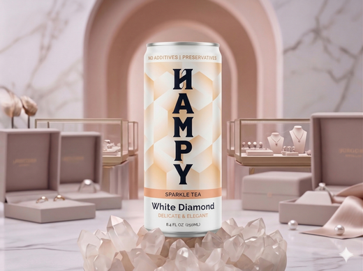 A White Diamond hard seltzer can standing against a background of crystalline, geometric light-colored patterns.
