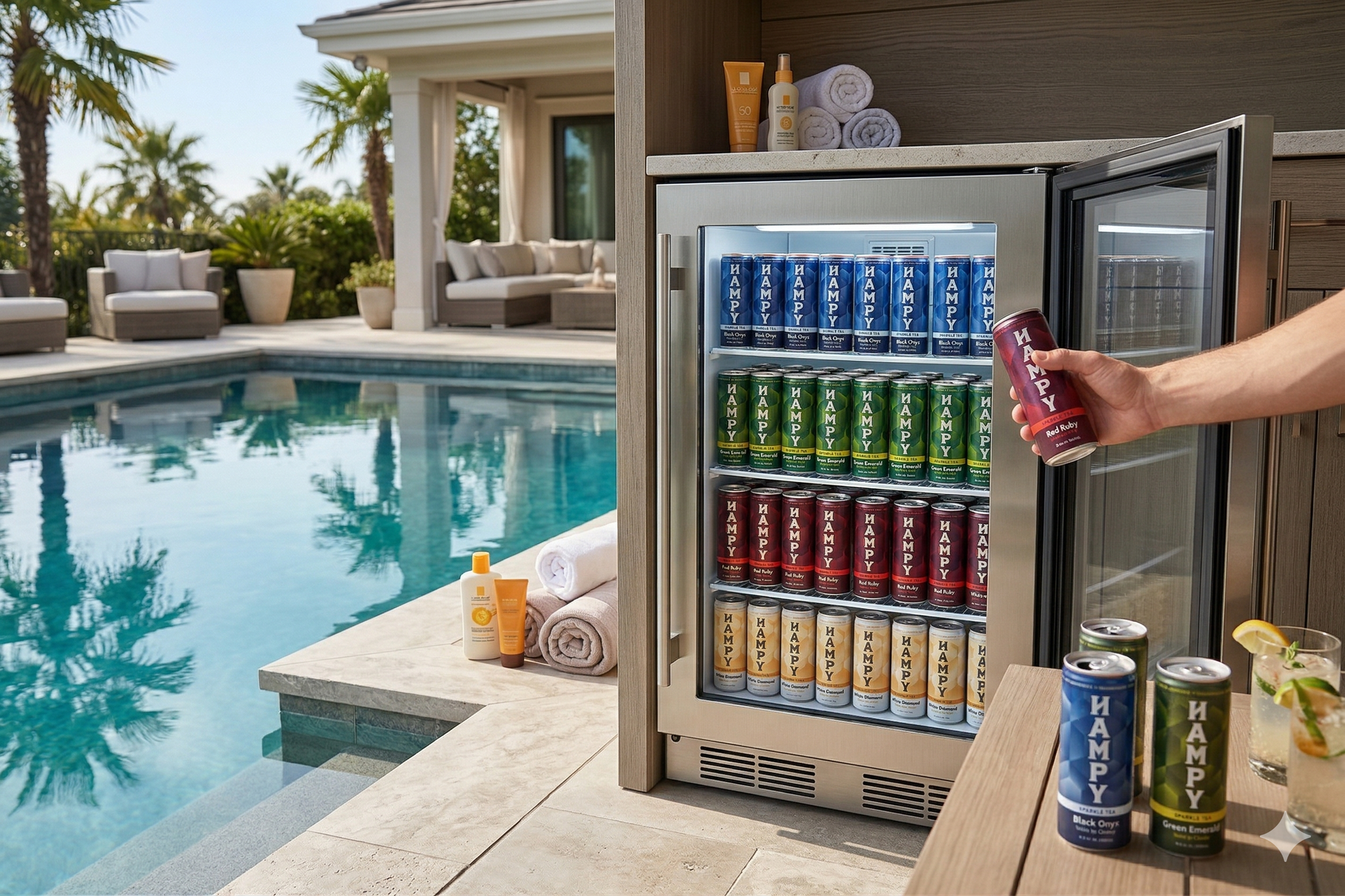 Four cans of HAMPY tea in black, red, green, and white flavors nestled in a bed of crushed ice.