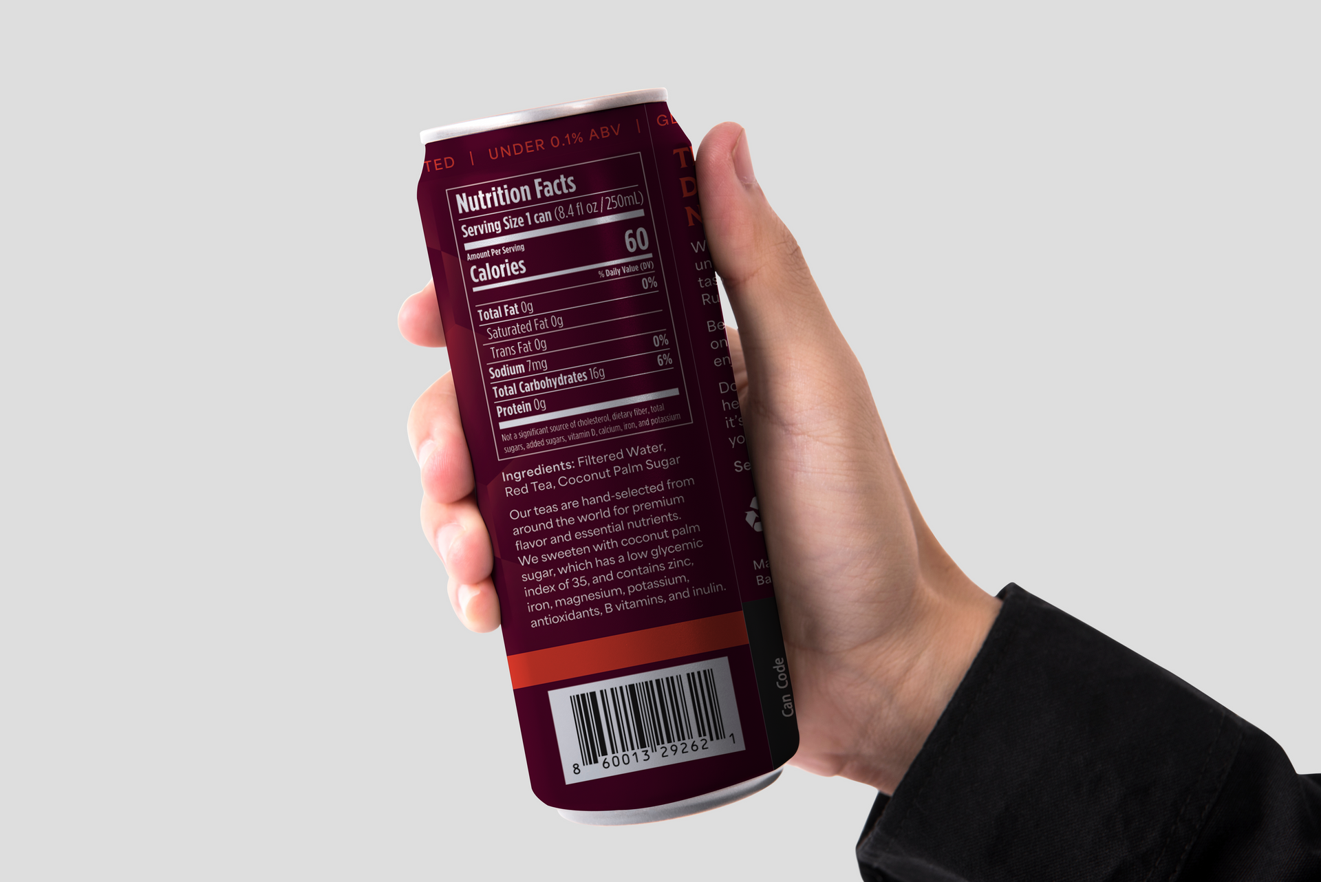 Hand holding a silver can of beverage, showing the nutrition facts.