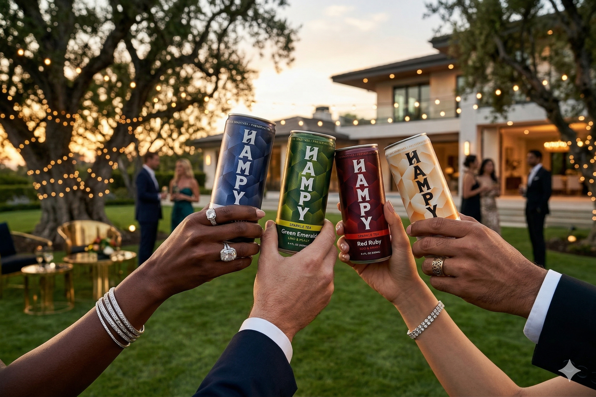 A can of HAMPY Black Onyx sparkle tea beside a bowl of loose tea leaves and a cluster of fresh blackberries.