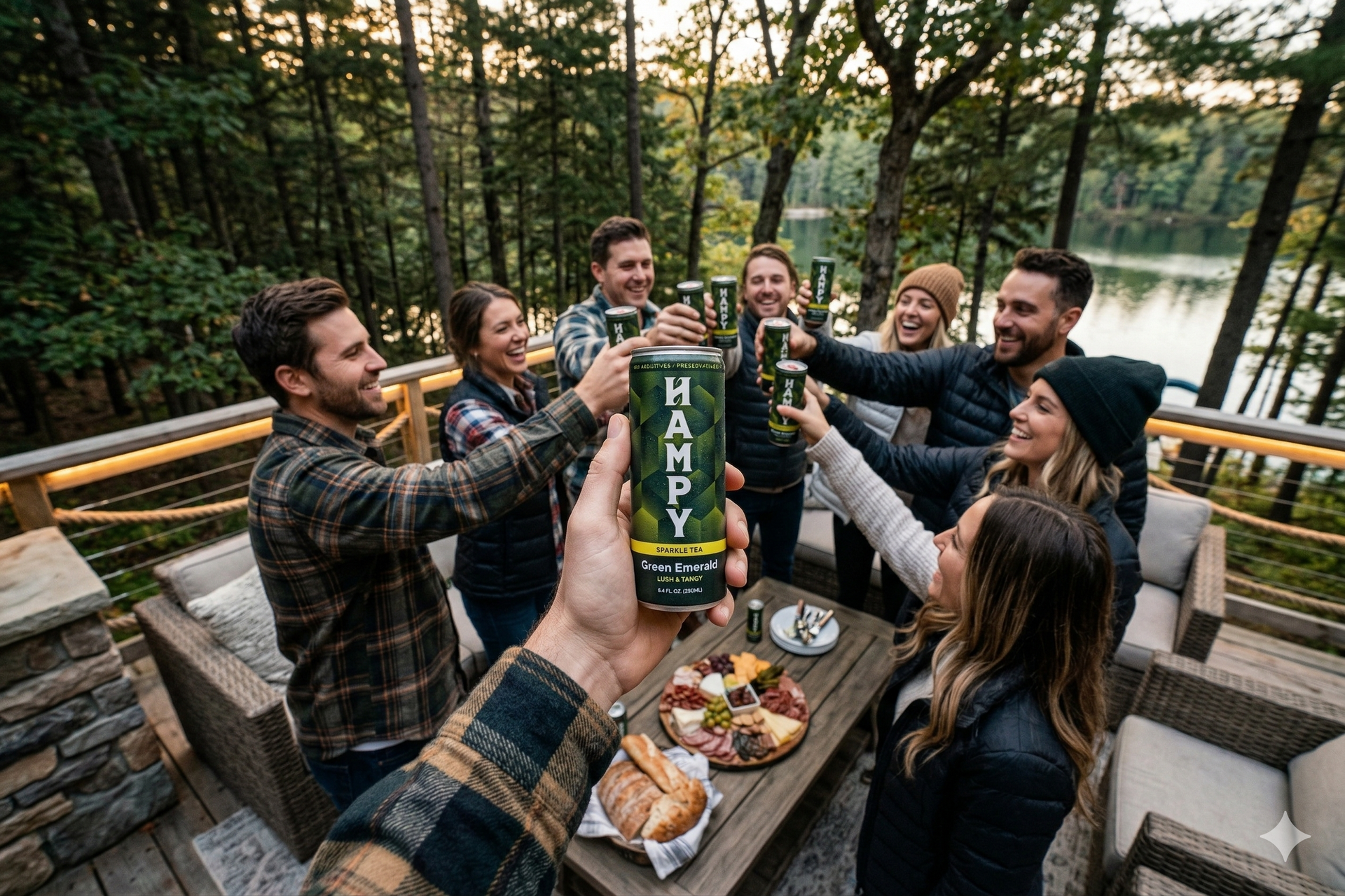 A can of Green Emerald drink featuring a dark green, geometric pattern, standing on a wooden table.