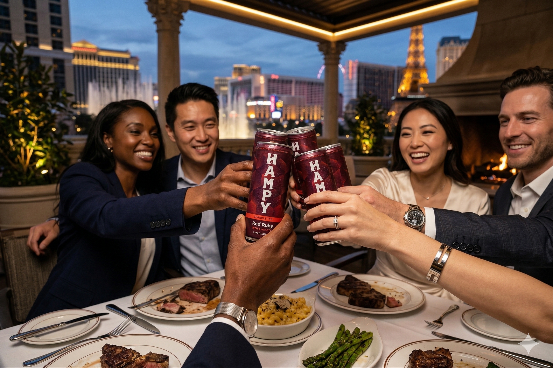 A tall, dark red beverage can labeled HAMPY Red Ruby sitting on a wooden surface against a blurred background.