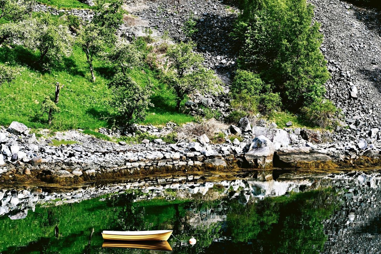 Boat floats on calm water; rocky shore with green grass and trees.