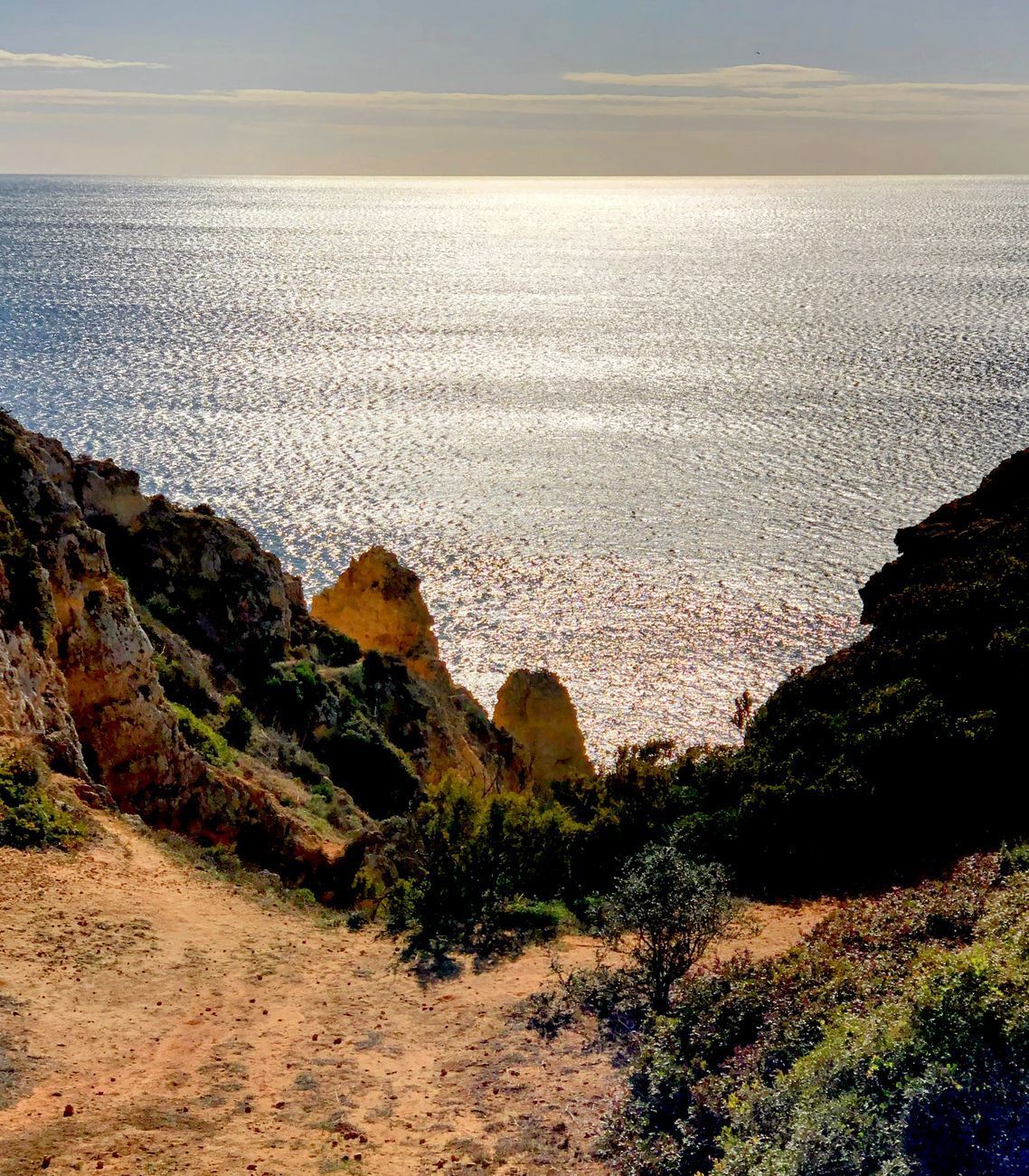 Cliffside view of sparkling ocean under a bright sky.