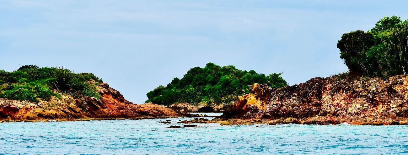 Rocky islands with green foliage in blue water, under a blue sky.