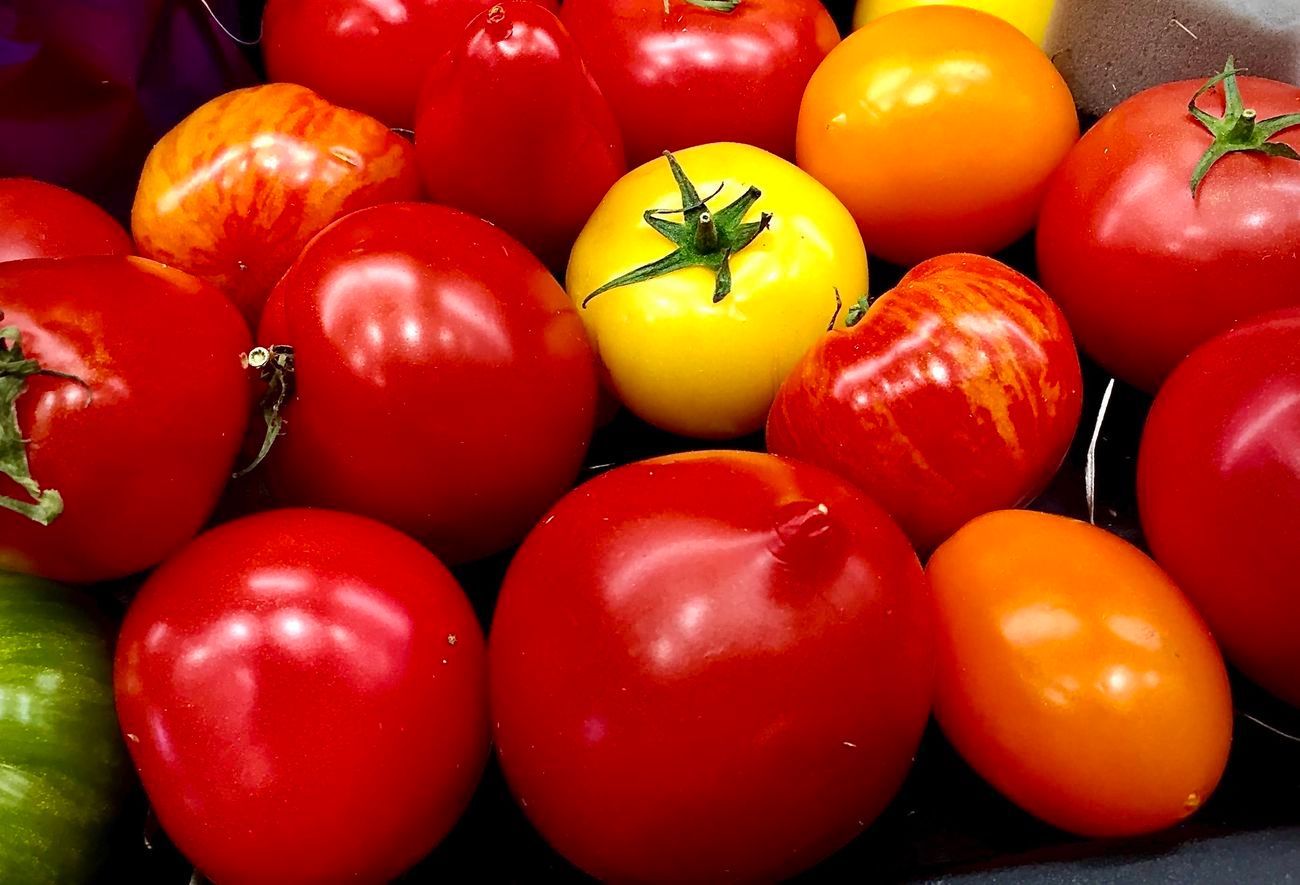 Assorted colorful tomatoes, including red, orange, yellow, and striped varieties.