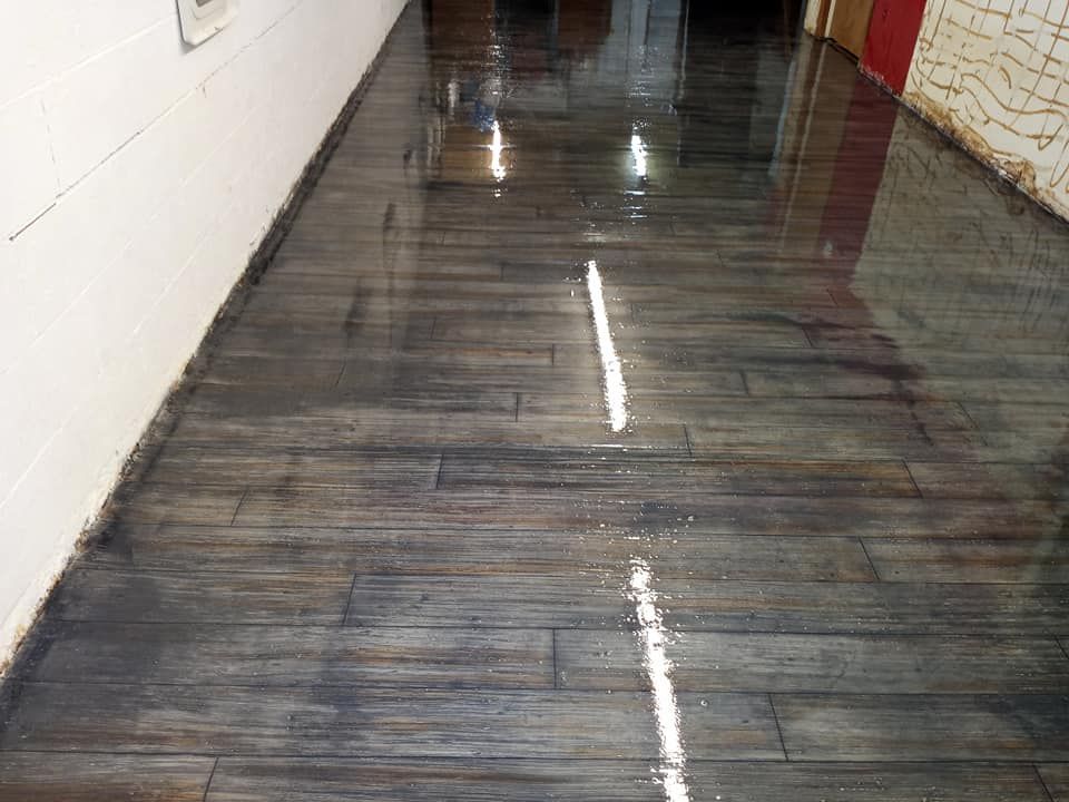 A hallway with a high-gloss, dark wood-look concrete floor between a white block wall and a textured, light-colored wall.