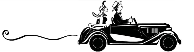 A black and white drawing of a couple riding in a car.