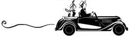 A black and white drawing of a couple riding in a car.