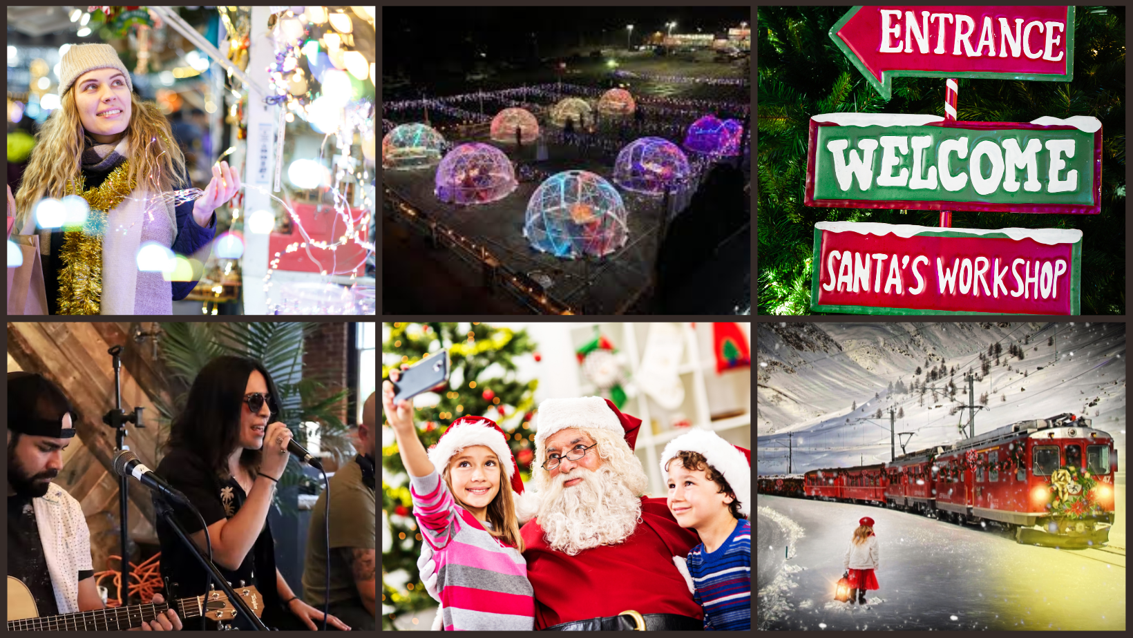 a welcome sign for santa 's workshop is in the middle of a collage of photos